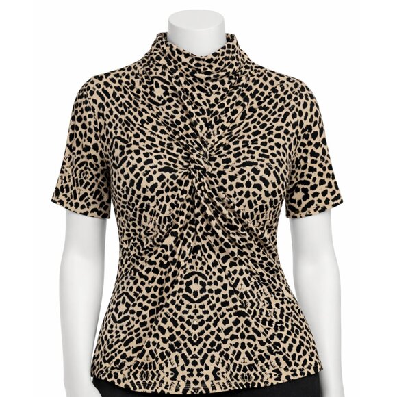 Premise Tops - Premise Studio Twist Front Mock Neck Blouse – Tan & Black Animal Print, Sz L